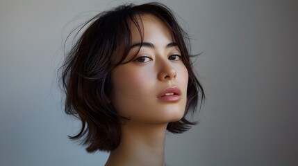 Striking Fashion Portrait of Mixed-Race Japanese-Spanish Woman on Minimalist Grey Background