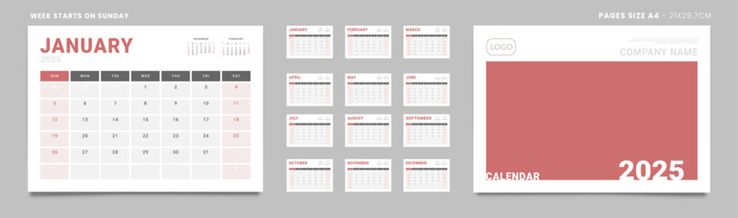 Set of 2025 Pages Monthly Calendar Planner Templates, Cover with Place for Photo, Company Logo. Vector pages for wall or desk calendar. Page size Letter -8.5x11 in for Print. Week start Sunday