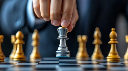 A hand reaching for the silver king piece on a chessboard surrounded by golden pawns during an intense strategic game