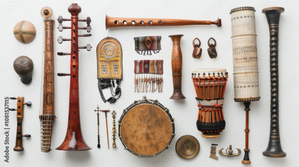 Aufkleber A visual of various musical instruments from different cultures arranged in a harmonious composition, Symbolizing the unity and diversity of artistic expression, minimalist style