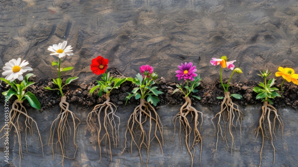 Fototapete a visually captivating depiction of multiple diverse flowers growing from a single root system, repr