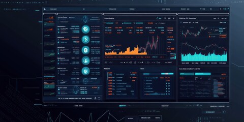 Obraz premium A digital dashboard displaying financial data and market trends with various analytics.