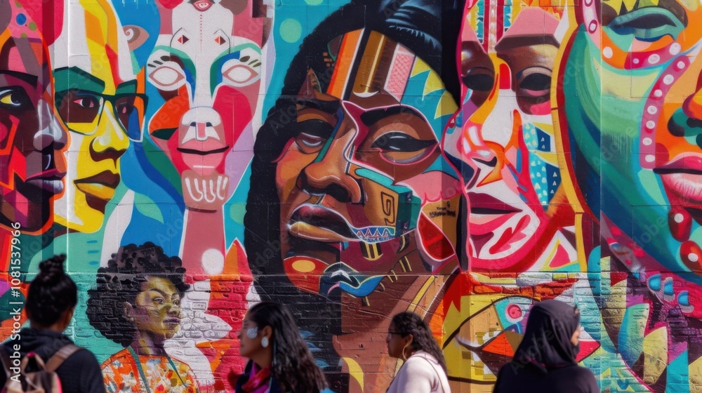 Poster a vivid depiction of a colorful urban street mural showcasing a diverse array of faces and cultural 
