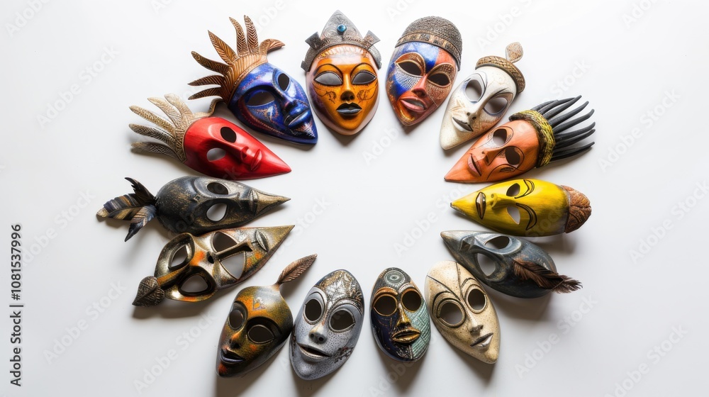 Poster a vivid depiction of a diverse array of cultural masks arranged in a circle, with each mask uniquely