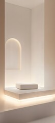 1. A sleek white podium with soft lighting, creating an open and clean space for product showcasing.