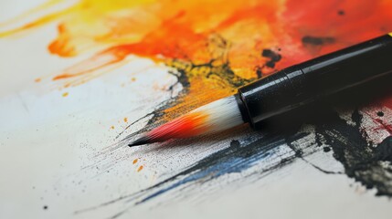 Fototapeta premium A close-up of a paintbrush resting on a watercolor painting, with splashes of color and texture in the background.