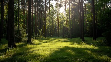 Fototapeta premium Sunbeams shining through the trees in a lush green forest