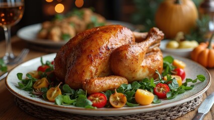 A sumptuous roasted turkey is elegantly arranged on a platter, surrounded by colorful cherry tomatoes and fresh greens. The warm ambiance suggests a festive autumn gathering Thanksgiving day concept