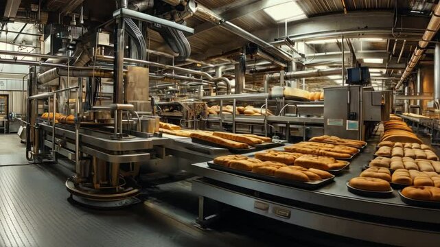 Panorama of a food production line in a bakery factory, with machinery at the top section handling dough and baking processes. The center area displays rows of freshly packaged bread loaves