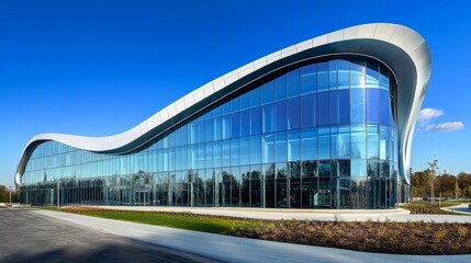 Obraz premium Modern building with curved glass facade reflecting sky. Contemporary architectural design against a clear blue backdrop
