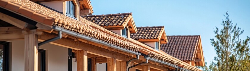 A close-up view of rooftops featuring traditional tiles and wooden structures under a clear sky.