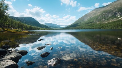 Tranquil mountain lake reflecting blue sky and fluffy clouds on a sunny day