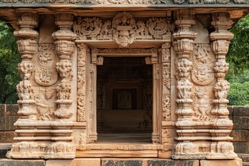 Fototapeta premium Intricately carved temple entrance showcasing detailed stonework and architectural beauty.