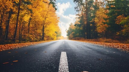 Obraz premium Asphalt road through autumn forest with golden leaves on the ground