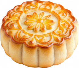 Chinese food clipart. Deliciously crafted mooncake with intricate floral patterns, isolated on a white background.
