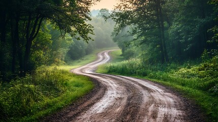 Fototapeta premium Winding dirt road through a lush green forest with sunlight peeking through the trees