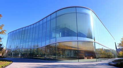 Fototapeta premium Modern building with curved glass facade reflecting sky. Contemporary architectural design against a clear blue backdrop