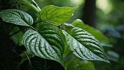 Close-up of vibrant green leaves with natural light and blurred leafy background