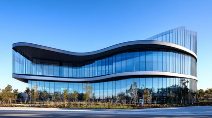Modern building with curved glass facade reflecting sky. Contemporary architectural design against a clear blue backdrop
