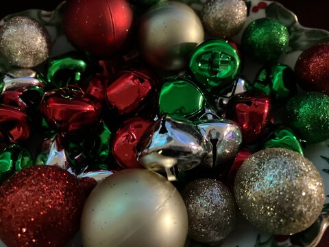 Colorful Jingle Bells and Christmas Ornaments