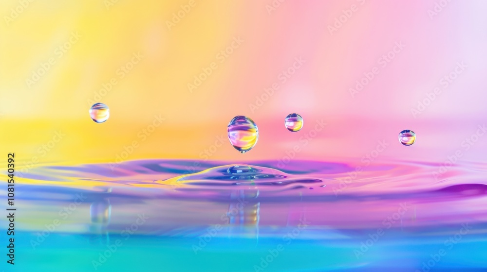 Poster a vivid visual of different colored, transparent liquid droplets merging into a single, clear pool