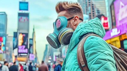 Fototapeta premium Man Wearing Gas Mask City Street