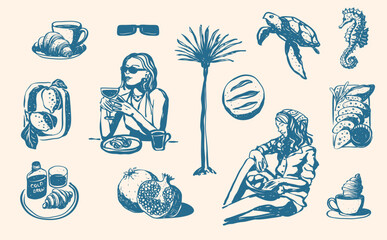 Hand Drawn La Dolce Vita Italian Mediterranean Summer Beach Picnic, Restaurant Menu, Wine and Pasta, Poster Design Invitation Card, and Tropical Palm Tree