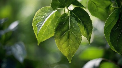 Close-up of vibrant green leaves with natural light and blurred leafy background