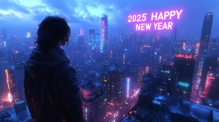A futuristic skyline at midnight, featuring tall buildings illuminated with neon lights in blue, purple, and pink; "2025 HAPPY NEW YEAR" glowing in the sky,