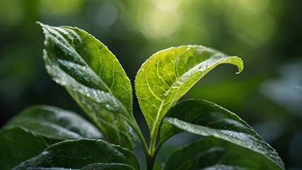 Close-up of vibrant green leaves with natural light and blurred leafy background