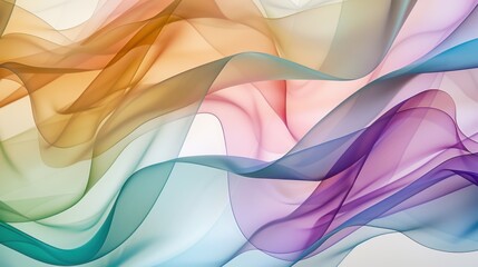 Abstract forms of overlapping translucent waves in multiple colors, symbolizing the blending of different voices and experiences in a harmonious way, minimalist style