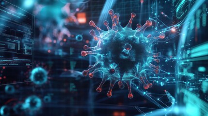 virus integrated with digital elements, illustrating the fusion of biology and technology.