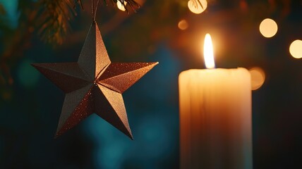 Candle and star ornament glowing warmly with festive lights in background
