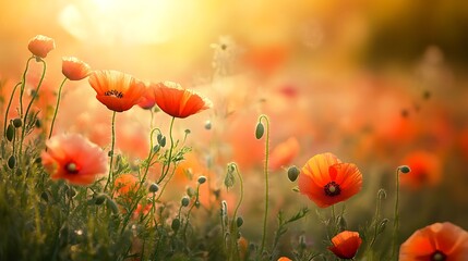 Obraz premium Field of red poppies blooming in the sunset with warm light and shallow depth of field