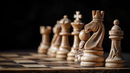 Wooden chess pieces set on chessboard, ready for play