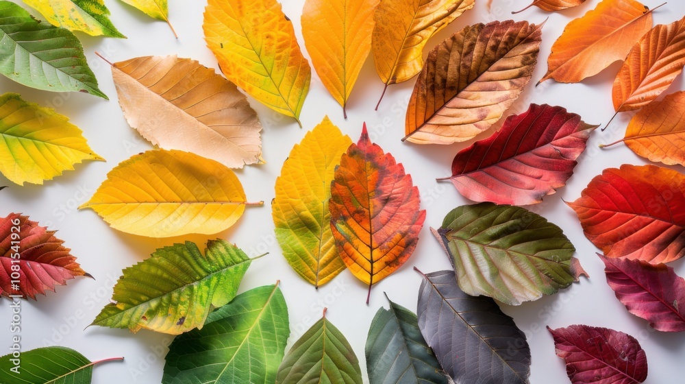 Poster An abstract composition of diverse leaves in various colors arranged in a circular pattern on a plain background, Illustrating ecological diversity and integration, photography style