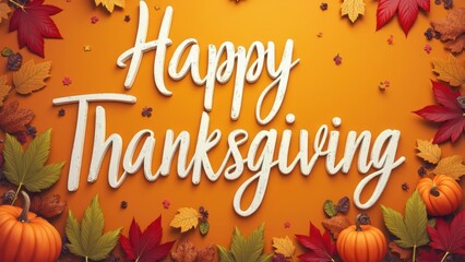 Bright autumn leaves and pumpkins frame a cheerful Thanksgiving greeting, creating a warm atmosphere ideal for family celebrations during the fall season Thanksgiving day concept