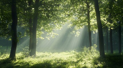 Fototapeta premium Sunlight Rays Breaking Through a Forest Canopy, Creating a Magical Atmosphere