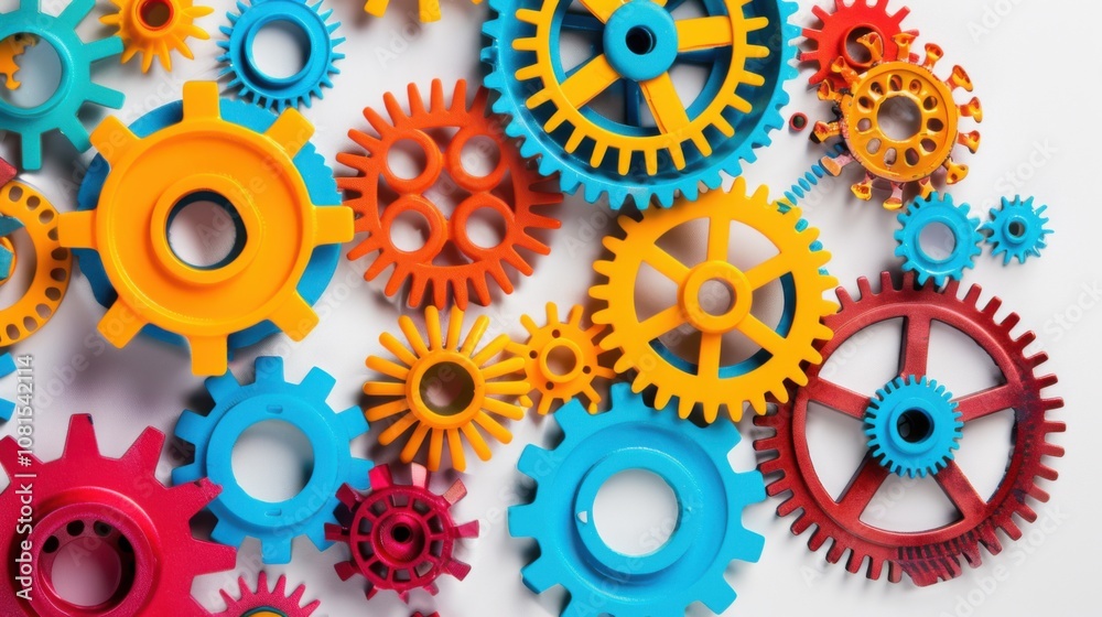 Poster an abstract composition of interconnected gears in various colors against a seamless white backdrop,