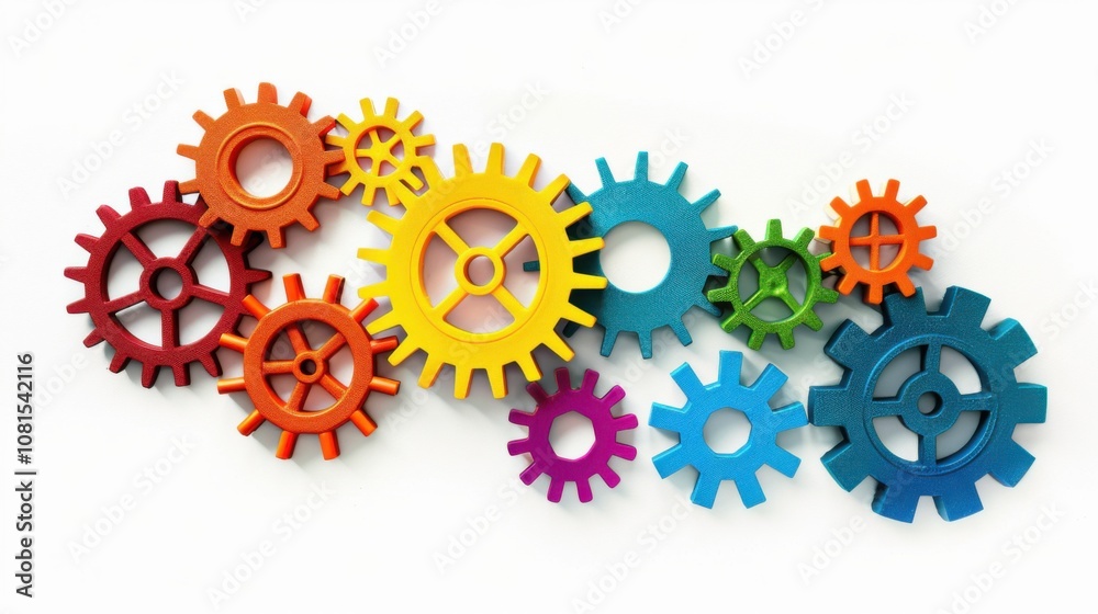 Poster An abstract composition of interconnected gears in various colors against a seamless white backdrop, Symbolizing diversity in teamwork, photography style