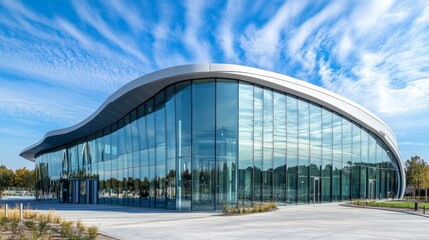 Obraz premium Modern building with curved glass facade reflecting sky. Contemporary architectural design against a clear blue backdrop