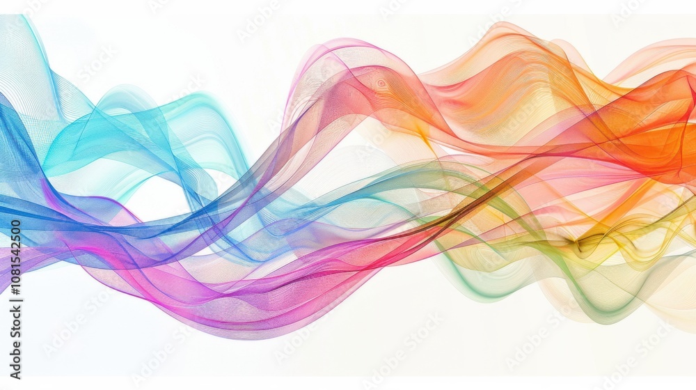 Poster an abstract composition of intersecting waves in various colors against a seamless white backdrop, i