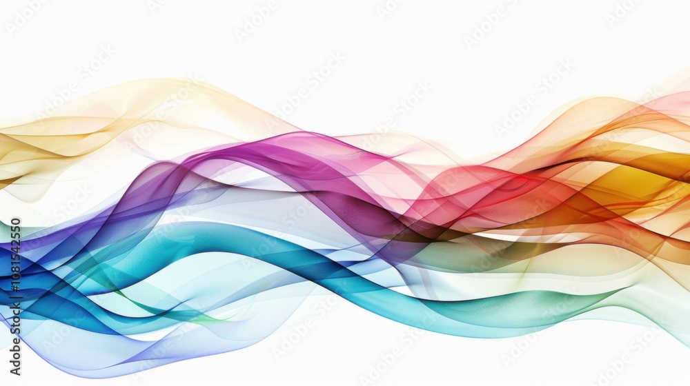 Poster An abstract composition of intersecting waves in various colors against a seamless white backdrop, Illustrating fluidity and diversity, photography style