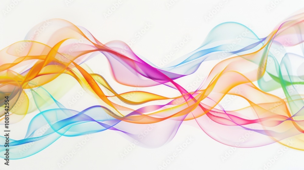 Poster An abstract composition of intersecting waves in various colors against a seamless white backdrop, Illustrating fluidity and diversity, photography style