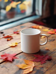 A white mug sits on a wooden table surrounded by colorful autumn leaves, creating a cozy and inviting atmosphere.