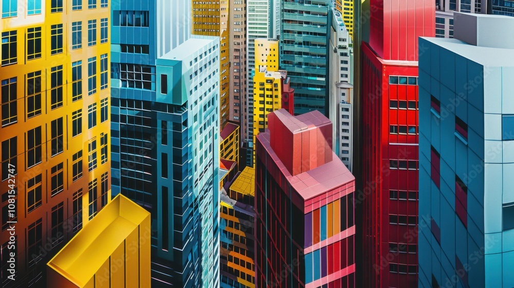 Poster an abstract depiction of a vibrant cityscape made up of interconnected, multi-colored skyscrapers, r