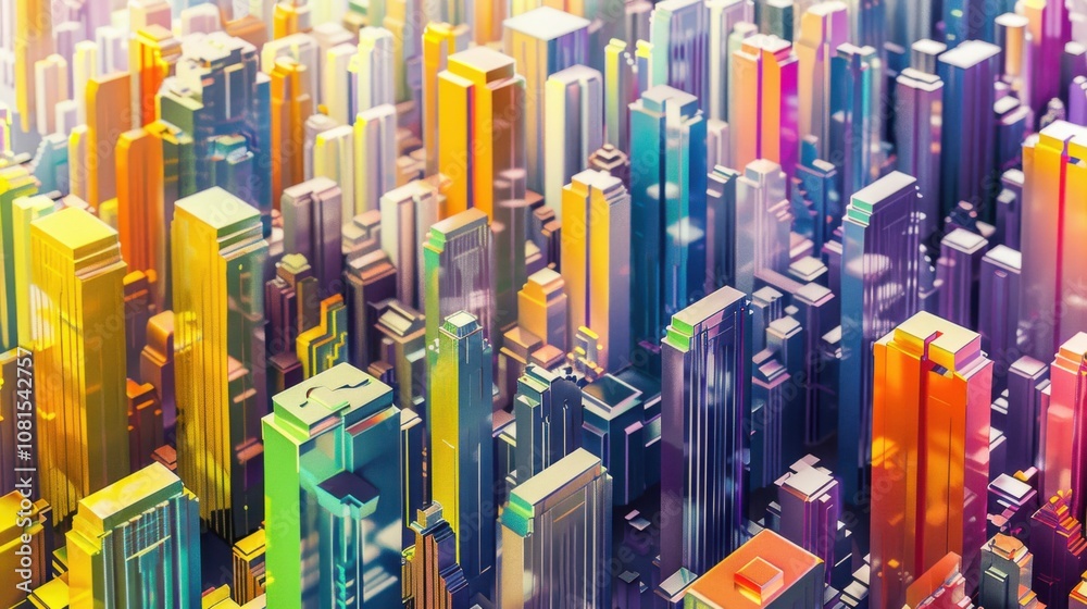 Poster an abstract depiction of a vibrant cityscape made up of interconnected, multi-colored skyscrapers, r