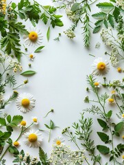 Fototapeta premium Beautiful Arrangement of Fresh Green Leaves and White Daisies on a Light Surface, Perfect for Backgrounds, Nature Themes, and Floral Designs