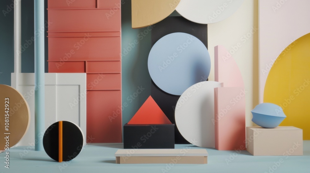 Poster An abstract depiction of equity in design, showing a series of geometric shapes in different sizes and colors fitting together to create a balanced composition