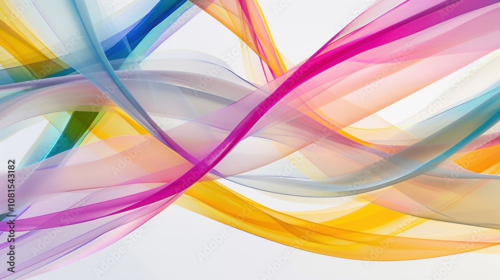 Poster An abstract depiction of varied colored ribbons intertwined and flowing through a minimalist white space, Symbolizing the interconnectedness and dynamic nature of diverse perspectives